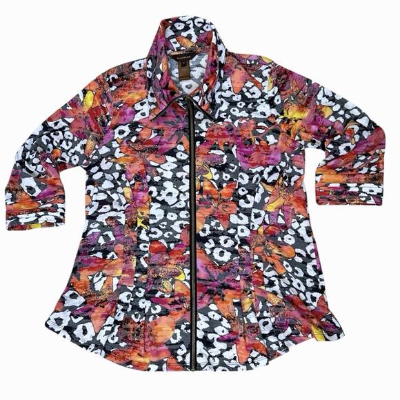 Multiples Full Zip Light Jacket Women Petite Large Pink Floral Bold Color Trendy - Picture 3 of 6